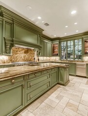 Wall Mural - Elegant Green Kitchen Island and Cabinetry Design