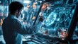 © marfuah - Man interacts with futuristic holographic interface.