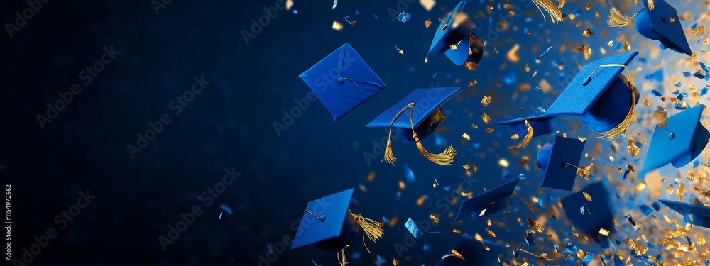 Blue graduation caps and gold confetti falling on a dark blue ...