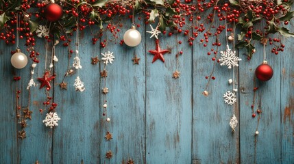 Wall Mural - rustic christmas decor: festive ornaments and holly on weathered blue wood