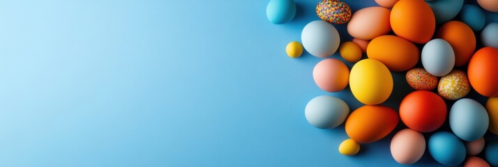 Wall Mural - A beautiful arrangement of colorful Easter eggs displayed on a soft blue background, perfectly capturing the essence of springtime festivities and celebrations that we all enjoy during this season