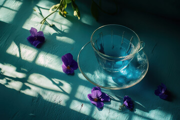 Canvas Print - A glass cup with blue liquid rests on a saucer, surrounded by purple flowers and shadows.