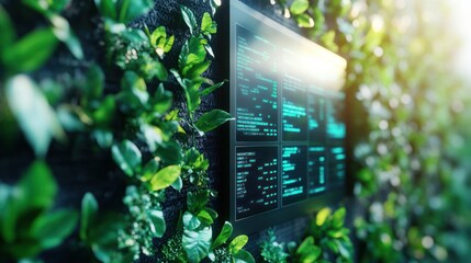 Futuristic screen embedded in a green wall.