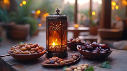 Illuminated lantern with dates and nuts on wooden table at dusk.