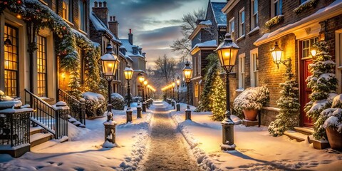 Wall Mural - Charming Winter Street at Dusk with Snow and Lanterns