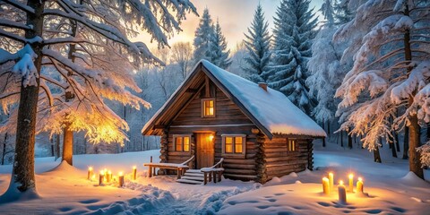 Wall Mural - Cozy Log Cabin Surrounded by Snowy Forest at Dusk