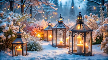 Wall Mural - Serene Winter Lanterns in Snowy Garden