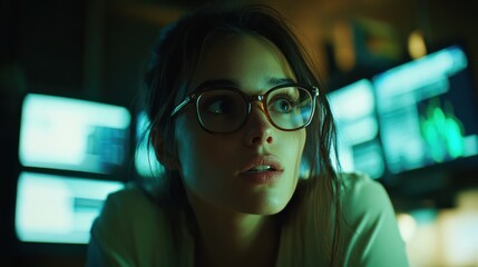 Woman programmer looking at screens, night.