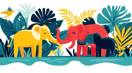 playful jungle scene featuring colorful cartoon elephants surrounded by lush tropical plants and vib