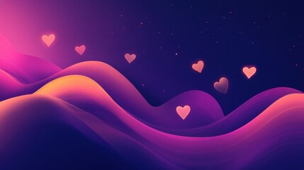 Wall Mural - A gradient purple and pink background with glowing heart lights softly floating.
