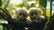 © WanCorp - Two Adorable Young Monkeys with Big Eyes Sitting Together on a Branch Surrounded by Lush Green Foliage in a Tropical Forest Environment