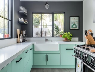 Wall Mural - Modern Mint Green Kitchen With Farmhouse Sink And Window