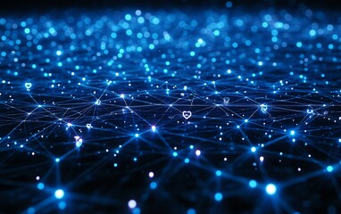 Poster - 3D rendered social network concept with user symbols and interconnecting lines on a dark blue background, symbolizing digital communication in technology