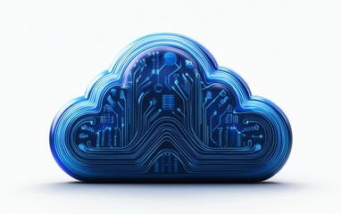 Poster - 3D rendering of a cloud upload icon with blue circuit lines, white background, symbolizing technology and data transfer concepts