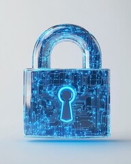 Leinwandbilder - 3D rendering of a digital padlock icon with blue circuitry lines, minimalistic design on a white background, symbolizing virtual protection and security