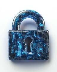 Leinwandbilder - 3D rendering of a digital padlock icon with blue circuitry lines, minimalistic design on a white background, symbolizing virtual protection and security