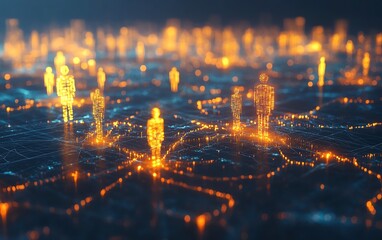 Poster - Concept of social network technologies with 3D rendered user symbols, connected by dynamic lines on an abstract dark blue backdrop, representing digital communication