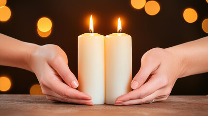 Wall Mural - Two hands gently hold candles, creating warm and intimate atmosphere