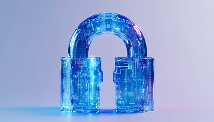 Poster - Digital padlock icon with blue circuitry lines in a minimalistic style, white background, representing tech security and virtual protection, 3D rendering