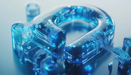 Poster - Digital padlock icon with blue circuitry lines in a minimalistic style, white background, representing tech security and virtual protection, 3D rendering