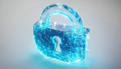 Poster - Digital padlock icon with blue circuitry lines in a minimalistic style, white background, representing tech security and virtual protection, 3D rendering