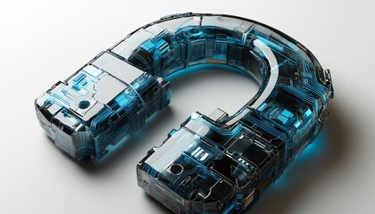 Poster - Digital padlock icon with blue circuitry lines in a minimalistic style, white background, representing tech security and virtual protection, 3D rendering