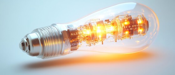 Leinwandbilder - Futuristic digital lightbulb with complex circuit designs, binary code, and glowing light streaks on a white background, 3D rendering