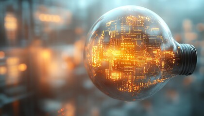 Leinwandbilder - Futuristic digital lightbulb with abstract circuit patterns, binary code, and glowing light trails on a white background, symbolizing new ideas, 3D rendering