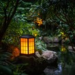 © musa - Illuminated lantern rests on rock near tranquil pond in lush garden at night.