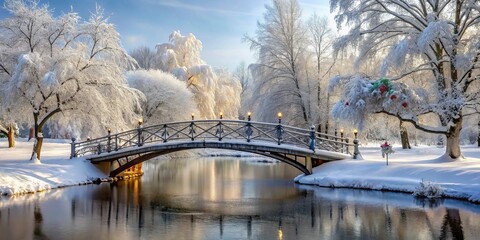 Wall Mural - Winter Wonderland with Footbridge and Snowy Trees