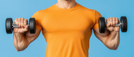 young man in orange shirt lifts dumbbells, showcasing strength and fitness