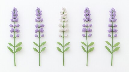 Wall Mural - five lavender flowers in a row, one white flower in the middle, minimalist floral arrangement, elega