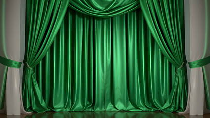 Green velvet curtains on a theater stage with a spotlight