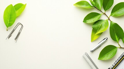Wall Mural - green office supplies and leaves on white background