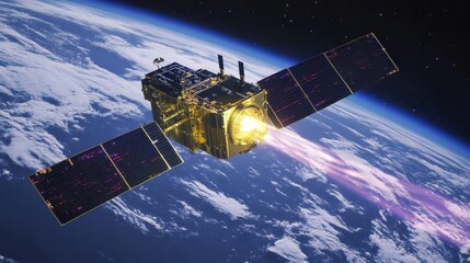 Wall Mural - satellite in orbit with thrusters firing above earth atmosphere