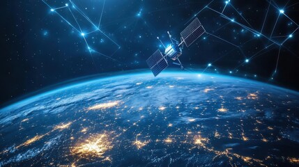 Wall Mural - Satellite Orbiting Earth with Network Connections in Space