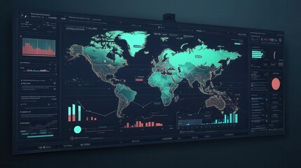 Wall Mural - futuristic data visualization on global map with charts and graphs