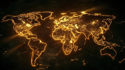 Wall Mural - Detailed Illuminated World Map with Golden Lights and Dark Background