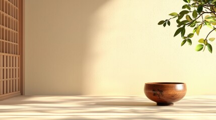 Poster - Cozy and Serene Minimalist Interior with Wooden Bowl and Potted Plant