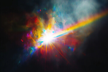 Wall Mural - blur colorful rainbow crystal light leaks on black background. defocused abstract multicolored retro