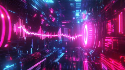 Wall Mural - futuristic neon corridor with abstract sound wave visualization