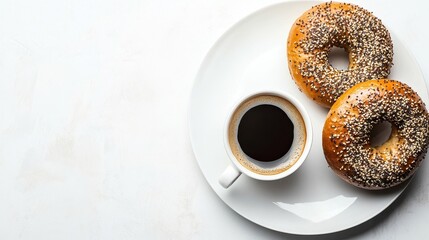 Wall Mural - Freshly baked bagel with Sesame seed isolated on white background,Everything bagels topped with cream cheese,New York style bagels for breakfast,Homemade freshly baked bagels,space for text.