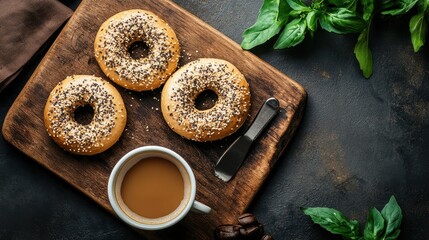 Wall Mural - Freshly baked bagel with Sesame seed isolated on white background,Everything bagels topped with cream cheese,New York style bagels for breakfast,Homemade freshly baked bagels,space for text.