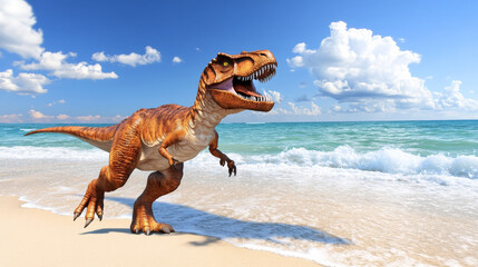 Wall Mural - dinosaur running on sandy beach under bright blue sky, evoking sense of adventure and wonder