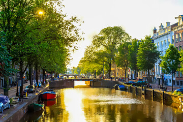 Wall Mural - Amsterdam, Netherlands. Watercolor illustration. Canal (street) Herengracht. The historic city center. Old town houses