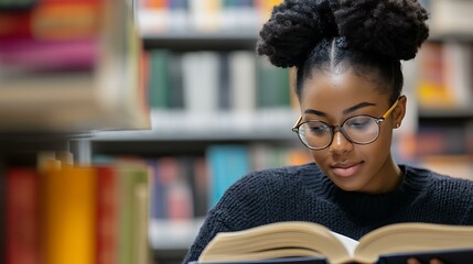 A student reading a textbook in a university library surrounded by stacks of books