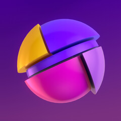 Aufkleber - Illustration of an abstract three-dimensional sphere composed of colored segments. The bright shades of color contrast with the deep, dark purple background to create a striking effect. 3d rendering