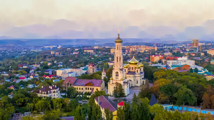 Wall Mural - Stavropol, Russia. Watercolor illustration. Cathedral of the Kazan Icon of the Mother of God in Stavropol. Sunset time, Aerial View