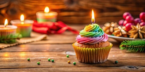 Wall Mural - A colorful cupcake with a candle on top sits on a rustic wooden table surrounded by decorative items , wooden