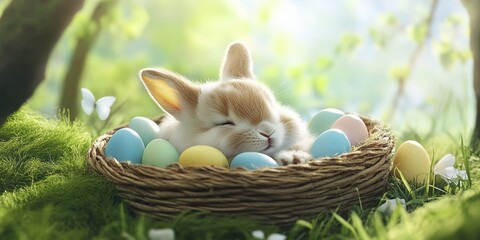 Wall Mural - A tranquil Easter scene featuring a sleeping bunny nestled among colorful pastel eggs in a cozy wicker nest, surrounded by lush greenery and soft sunlight filtering through the trees.